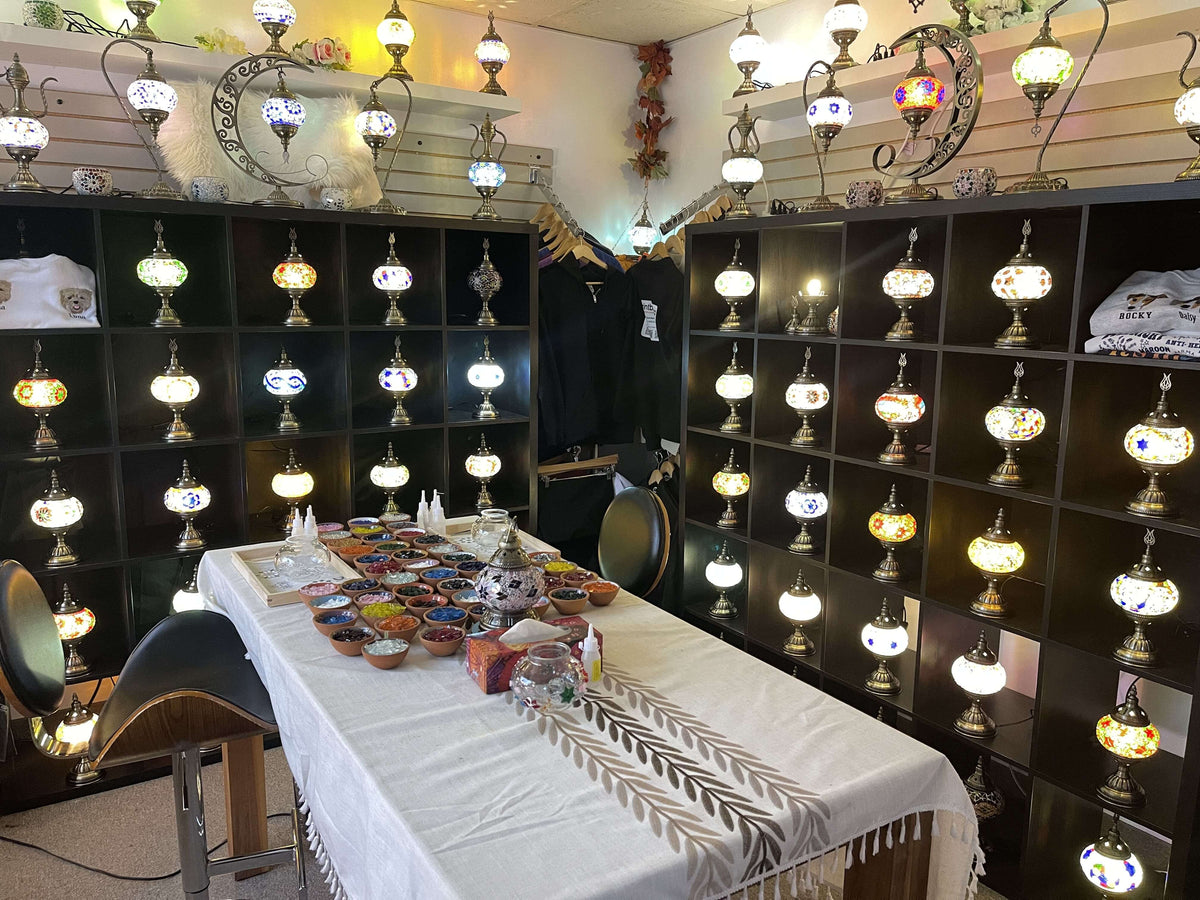 Mosaic lamp décor rental setup for a party hosted with DIY Labs