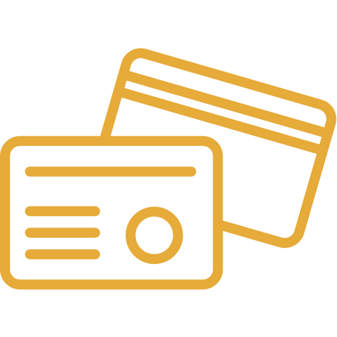 Gold outline icon showing ID card and credit card representing group registration and payment